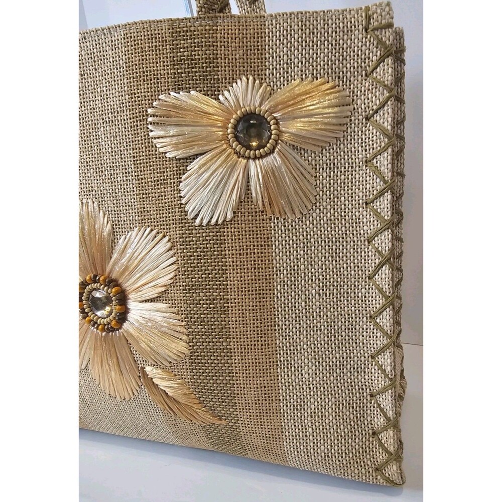 Handmade Woven Raffia Straw Floral Tote Bag with Beaded Rhinestone Accents EUC - Picture 4 of 10